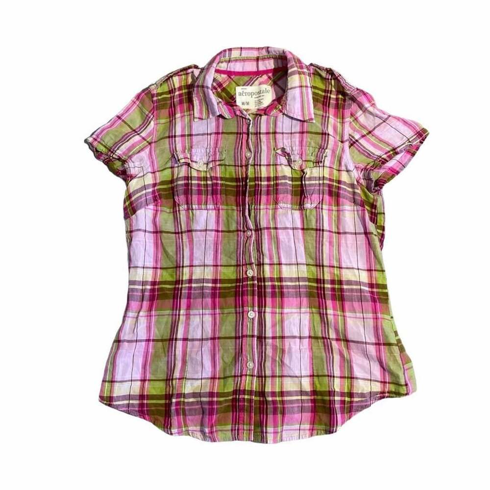 Aeropostale Plaid Button Down Shirt Size M Pink Green Short Sleeve